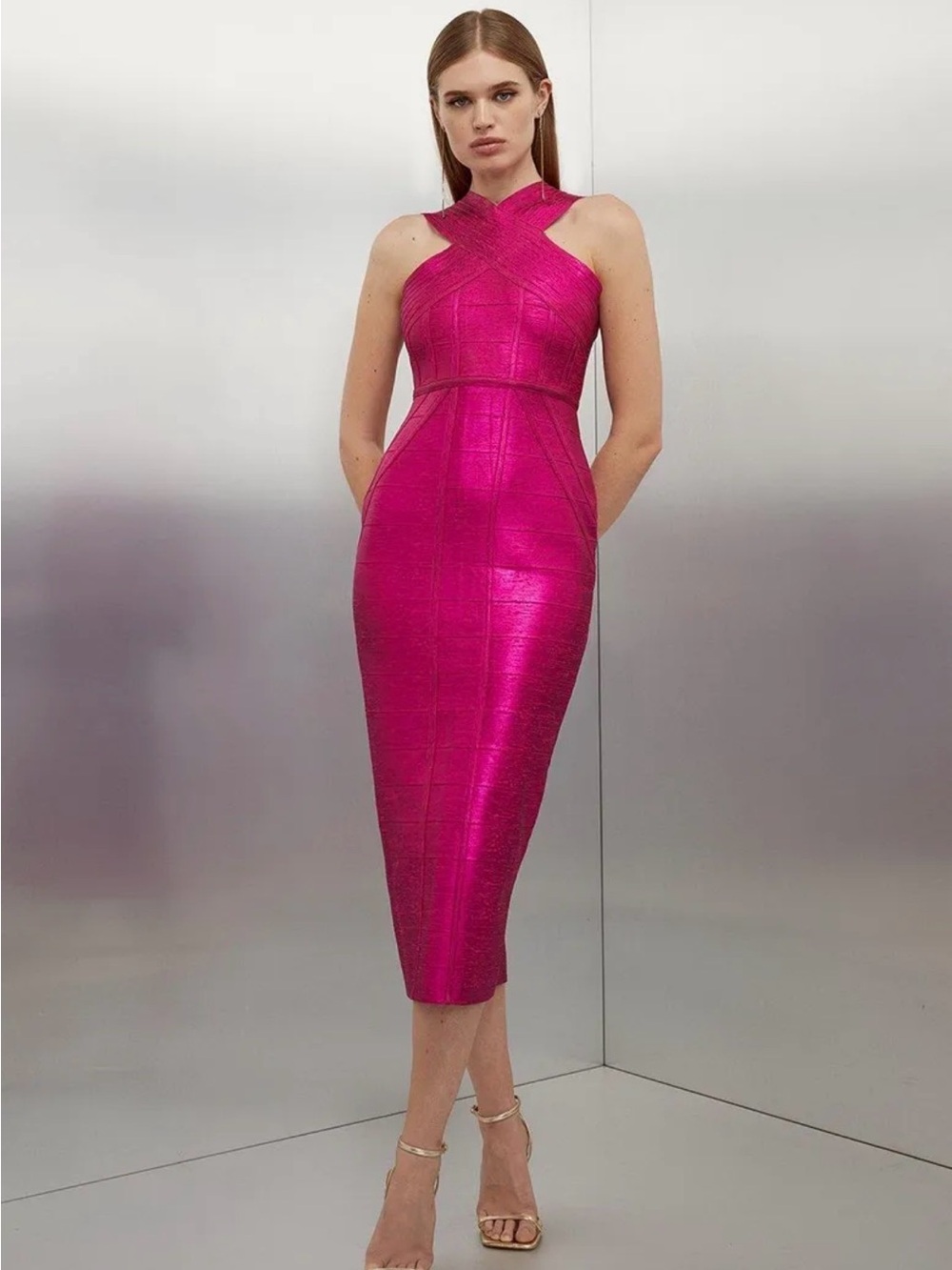 Karen Millen Magenta Cross-Neck Midi Dress